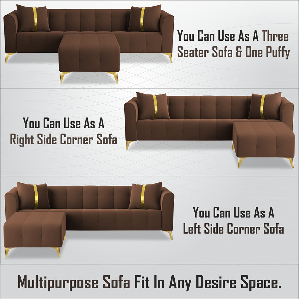 Adorn India Premium Mystic - 3 Years Warranty - L Shape 5 Seater Sofa Set Velvet Suede Fabric - Brown