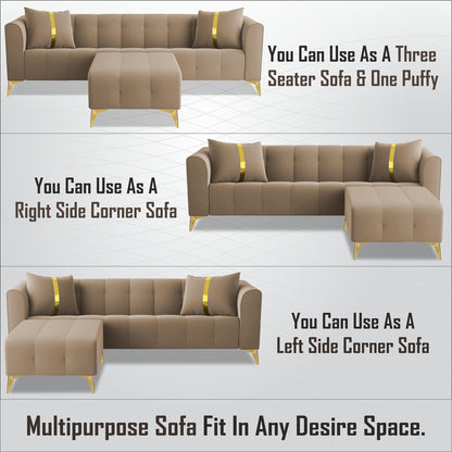 Adorn India Premium Mystic - 3 Years Warranty - L Shape 4 Seater Sofa Set Velvet Suede Fabric - Beige