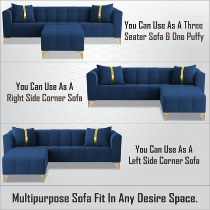 Adorn India Premium Mystic - 3 Years Warranty - L Shape 4 Seater Sofa Set Velvet Suede Fabric - Blue