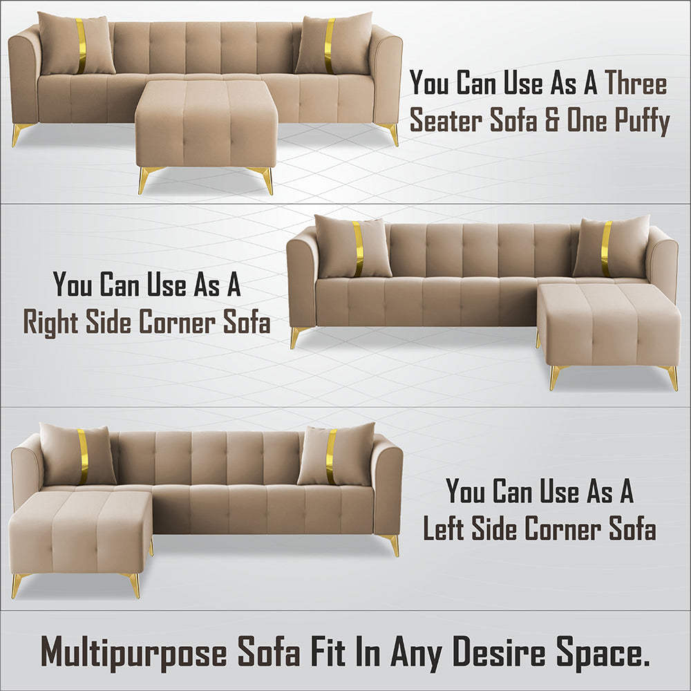 Adorn India Premium Mystic - 3 Years Warranty - L Shape 5 Seater Sofa Set Velvet Suede Fabric - Beige