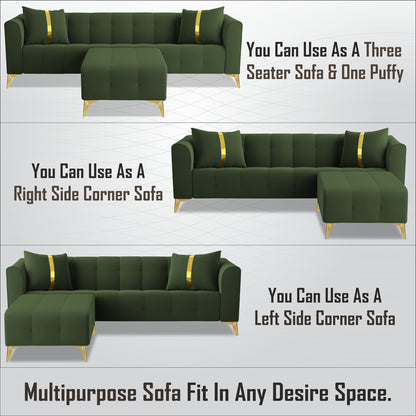 Adorn India Premium Mystic - 3 Years Warranty - L Shape 4 Seater Sofa Set Velvet Suede Fabric - Green