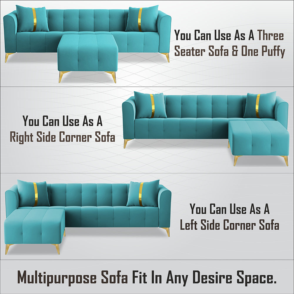 Adorn India Premium Mystic - 3 Years Warranty - L Shape 5 Seater Sofa Set Velvet Suede Fabric - Aqua Blue