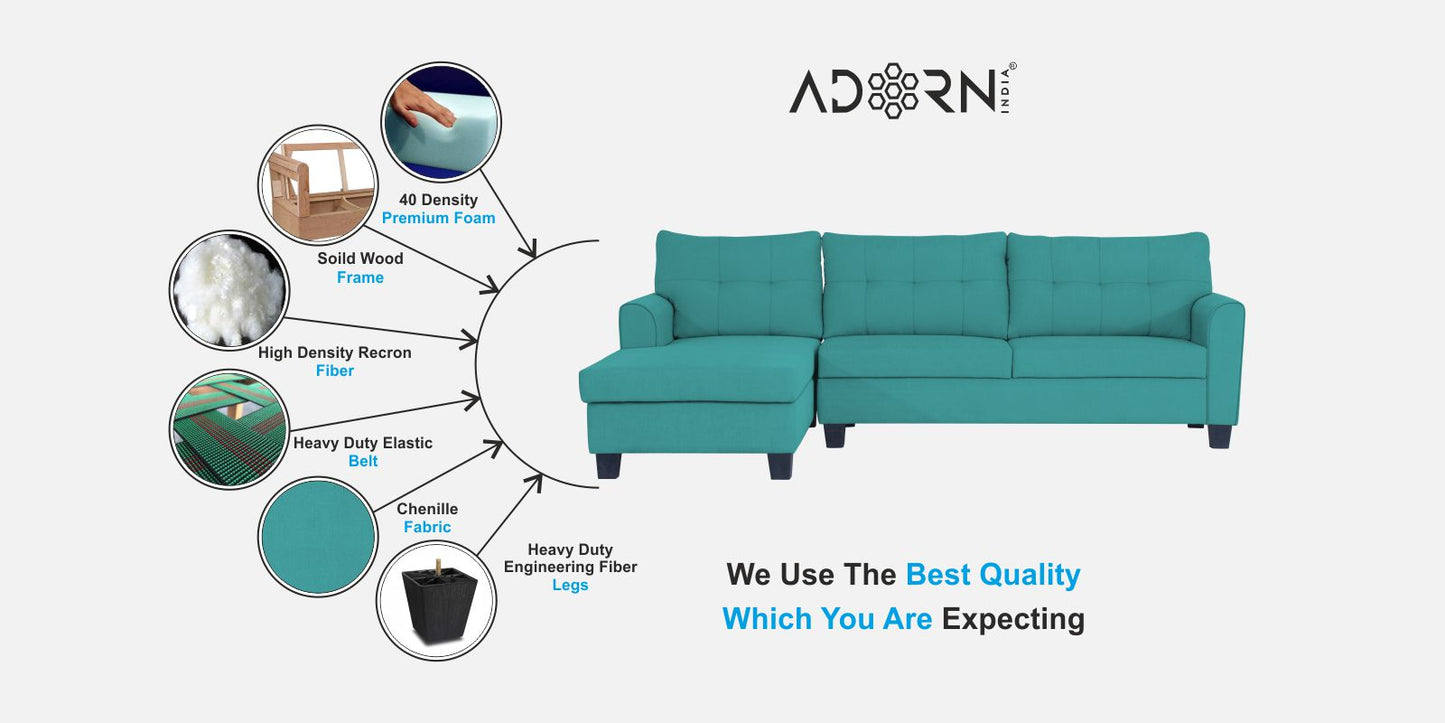 Adorn India Moris L Shape 6 Seater Sofa Set LHS (Aqua Blue)