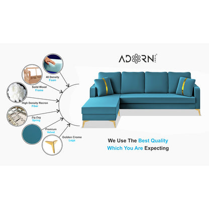 Adorn India Premium Chandler - 3 Years Warranty - L Shape 5 Seater Sofa Set -LHS-Velvet Suede Fabric - Aqua Blue