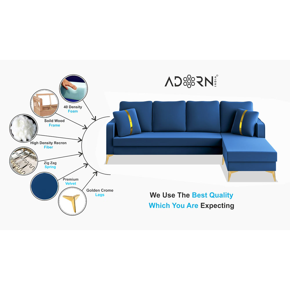 Adorn India Premium Chandler - 3 Years Warranty - L Shape 5 Seater Sofa Set -RHS- Velvet Suede Fabric - Blue