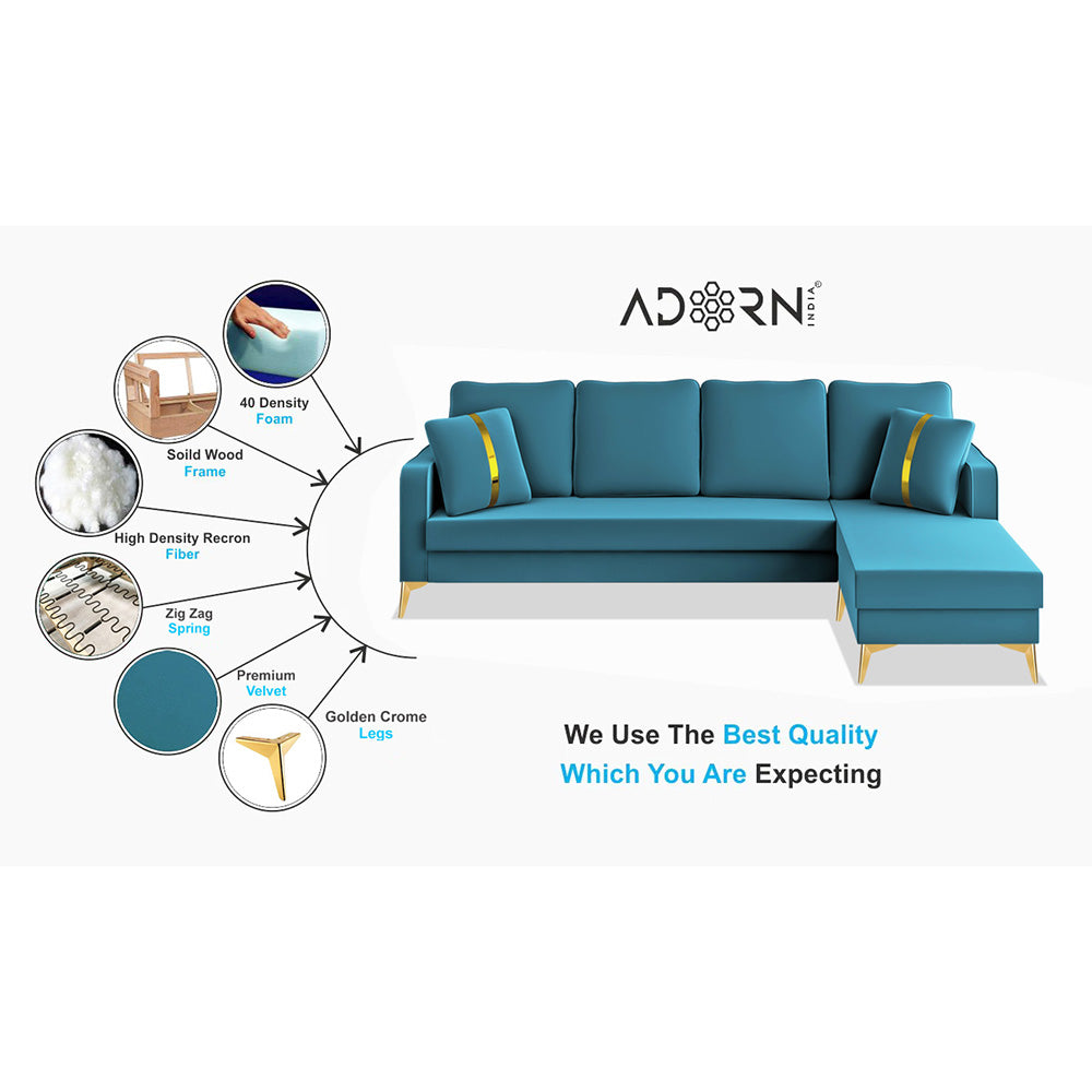 Adorn India Premium Chandler - 3 Years Warranty - L Shape 5 Seater Sofa Set -RHS-Velvet Suede Fabric - Aqua Blue