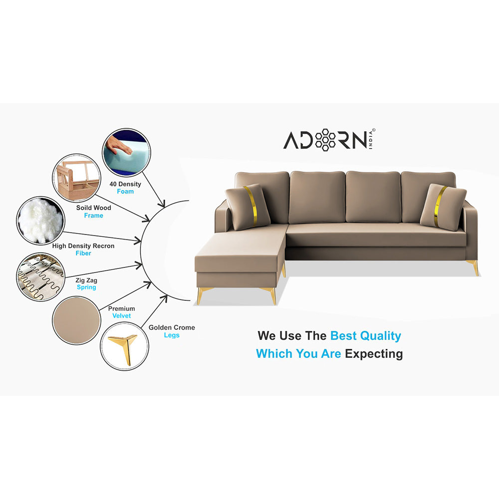 Adorn India Premium Chandler - 3 Years Warranty - L Shape 5 Seater Sofa Set -LHS- Velvet Suede Fabric - Beige