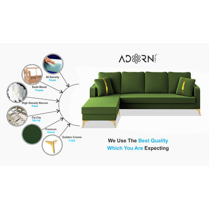 Adorn India Premium Chandler - 3 Years Warranty - L Shape 5 Seater Sofa Set -LHS- Velvet Suede Fabric - Green