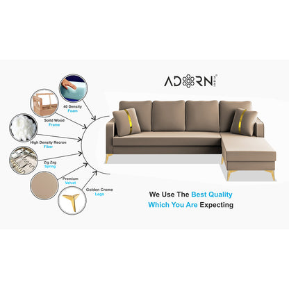 Adorn India Premium Chandler - 3 Years Warranty - L Shape 5 Seater Sofa Set -RHS- Velvet Suede Fabric - Beige