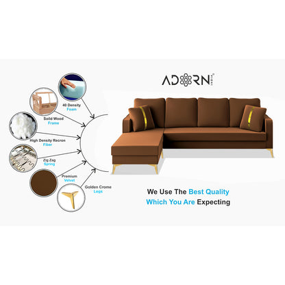 Adorn India Premium Chandler - 3 Years Warranty - L Shape 5 Seater Sofa Set -LHS- Velvet Suede Fabric - Brown