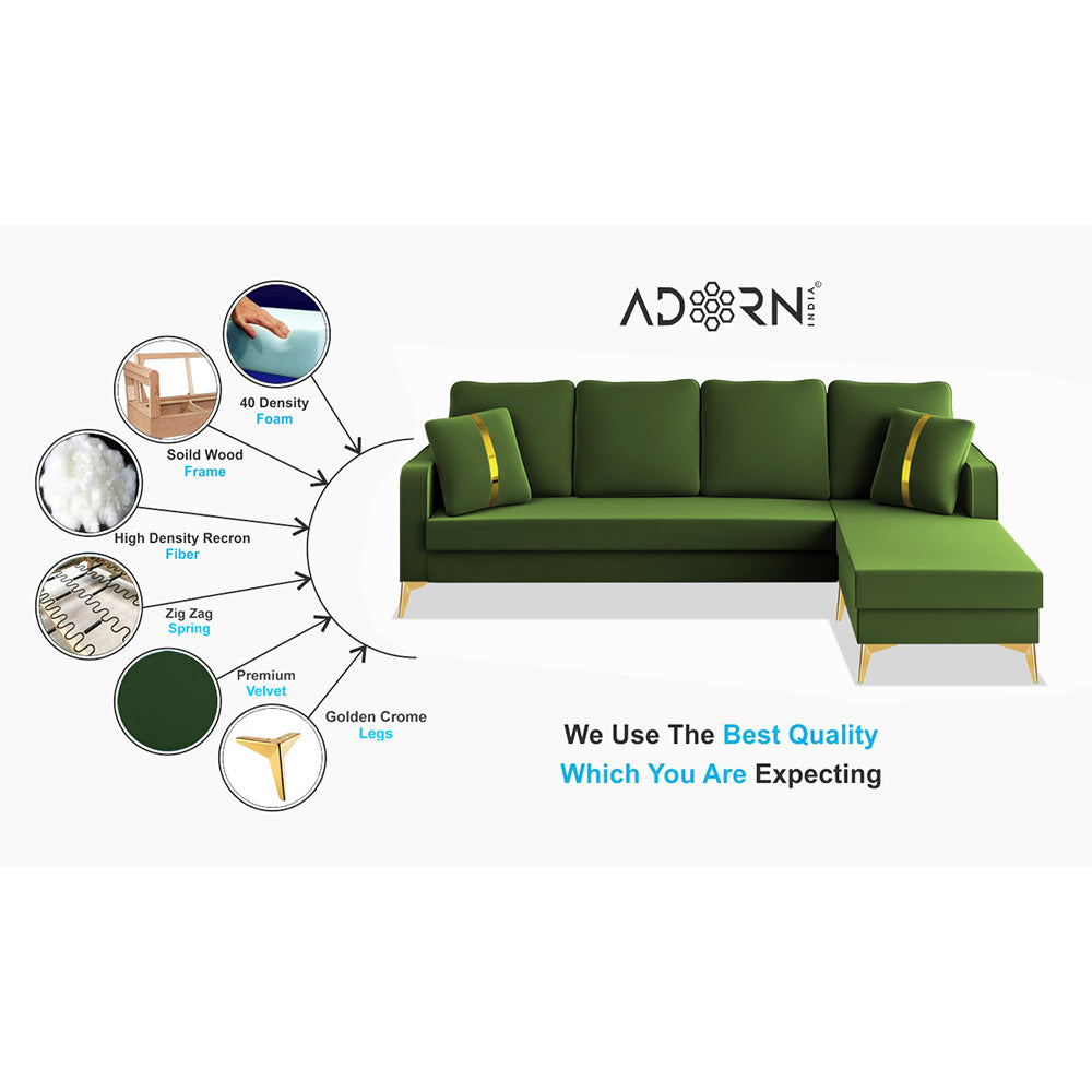 Adorn India Premium Chandler - 3 Years Warranty - L Shape 5 Seater Sofa Set -RHS- Velvet Suede Fabric - Green