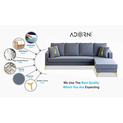 Adorn India Premium Chandler - 3 Years Warranty - L Shape 5 Seater Sofa Set -RHS- Velvet Suede Fabric - Grey