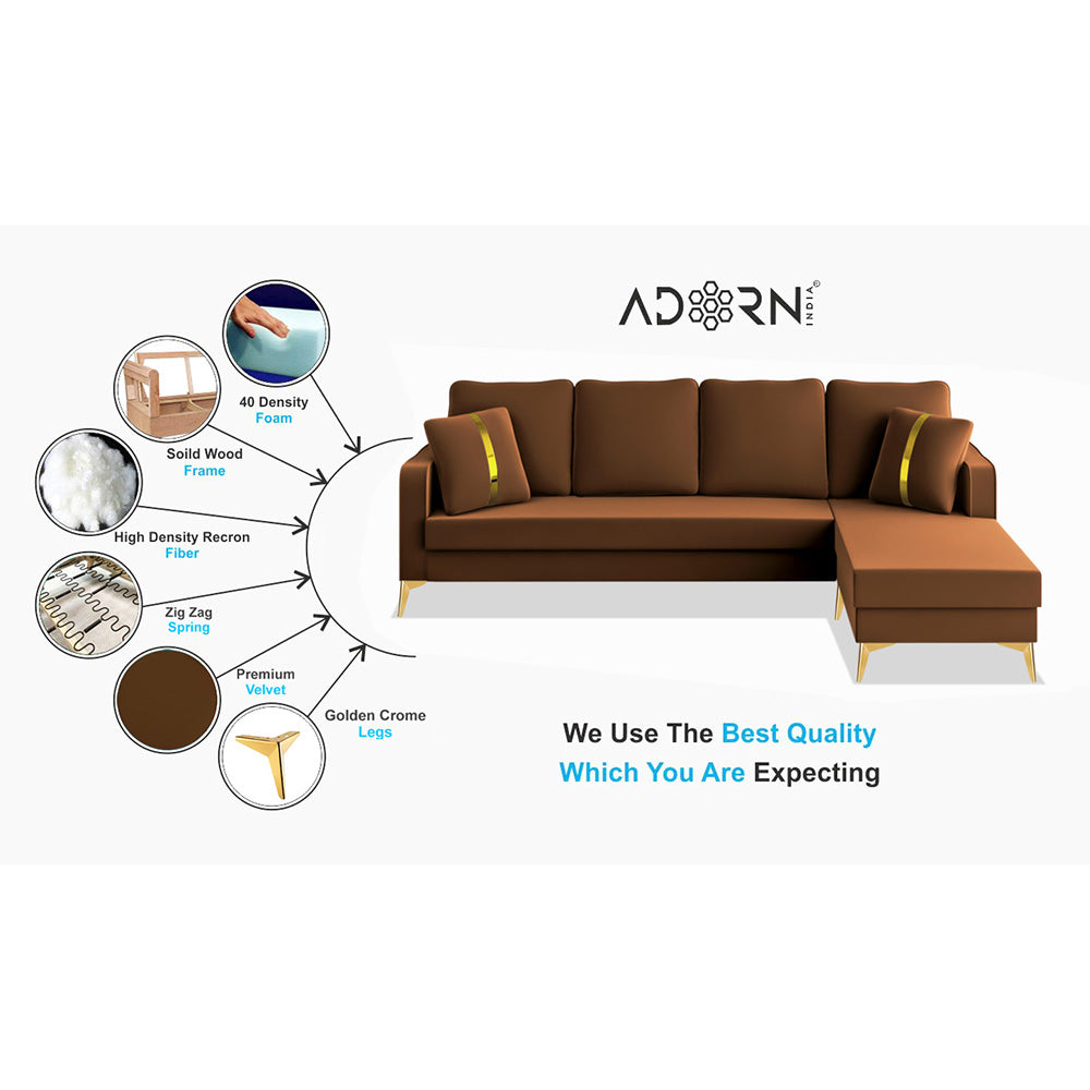 Adorn India Premium Chandler - 3 Years Warranty - L Shape 5 Seater Sofa Set -RHS- Velvet Suede Fabric - Brown