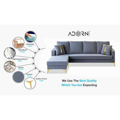 Adorn India Premium Chandler - 3 Years Warranty - L Shape 5 Seater Sofa Set -LHS- Velvet Suede Fabric - Grey