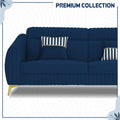 Adorn India Premium Luster Plus 3-2-1 Sofa Set | Velvet Suede Fabric | 3-Year Warranty | Color Blue with Golden Legs & Striped Pattern Cushion