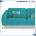 Adorn India Premium Luster Plus 3-2-1 Sofa Set | Velvet Suede Fabric | 3-Year Warranty | Color Aqua Blue with Golden Legs & Striped Pattern Cushion