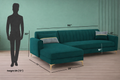 Adorn India Premium Luster 6 Seater L Shape Sofa Set | Velvet Suede Fabric | 3-Year Warranty | LHS |Color Ocean Blue with Golden Legs & Striped Pattern Cushion