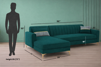 Adorn India Premium Luster 6 Seater L Shape Sofa Set | Velvet Suede Fabric | 3-Year Warranty | LHS |Color Ocean Blue with Golden Legs & Striped Pattern Cushion