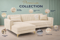 Adorn India Premium Luster 6 Seater L Shape Sofa Set | Velvet Suede Fabric | 3-Year Warranty | LHS |Color Cream with Golden Legs & Striped Pattern Cushion