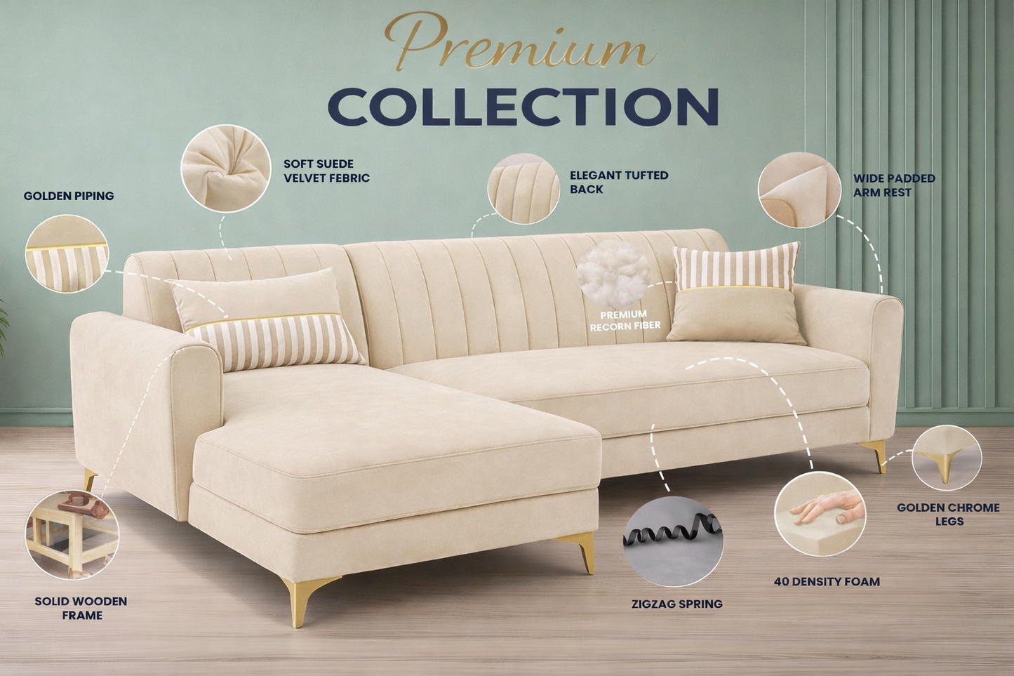 Adorn India Premium Luster 6 Seater L Shape Sofa Set | Velvet Suede Fabric | 3-Year Warranty | LHS |Color Cream with Golden Legs & Striped Pattern Cushion