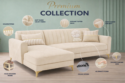 Adorn India Premium Luster 6 Seater L Shape Sofa Set | Velvet Suede Fabric | 3-Year Warranty | LHS |Color Cream with Golden Legs & Striped Pattern Cushion