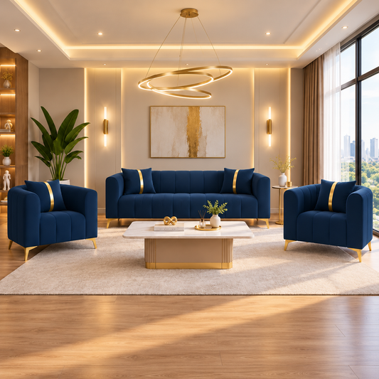Premium Mystic - - 3+1+1 Sofa Set Velvet Suede Fabric - Blue