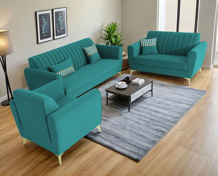 Adorn India Premium Luster 3-1-1 Sofa Set | Velvet Suede Fabric | 3-Year Warranty | Color Aqua Blue with Golden Legs & Striped Pattern Cushion