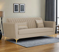 Adorn India Premium Luster 3 Seater | Velvet Suede Fabric | 3-Year Warranty | Color Beige with Golden Legs & Striped Pattern Cushion