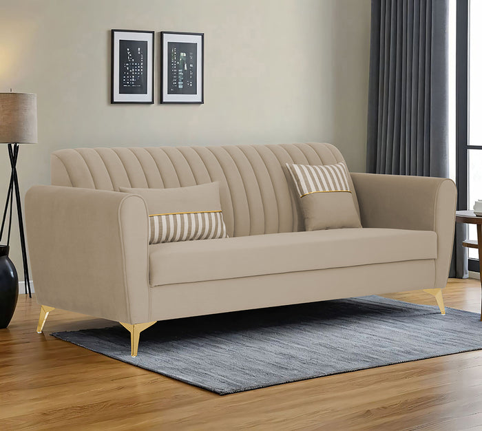 Adorn India Premium Luster 3 Seater | Velvet Suede Fabric | 3-Year Warranty | Color Beige with Golden Legs & Striped Pattern Cushion