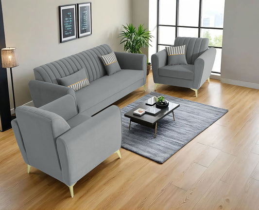 Adorn India Premium Luster 3+1+1 Sofa Set | Velvet Suede Fabric | 3-Year Warranty | Color Grey with Golden Legs & Striped Pattern Cushion