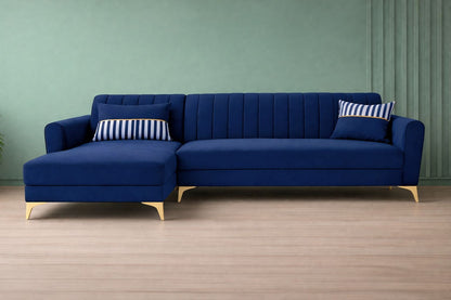 Adorn India Premium Luster 6 Seater L Shape Sofa Set | Velvet Suede Fabric | 3-Year Warranty | LHS |Color Blue with Golden Legs & Striped Pattern Cushion