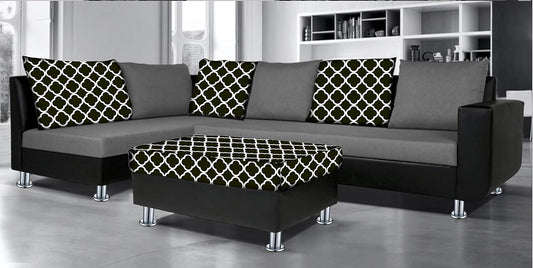 Adorn India (3 Years Warranty Atlanta 6 Seater Leatherette & Fabric Corner Sofa Left Hand Side with Ottoman (Grey & Black)