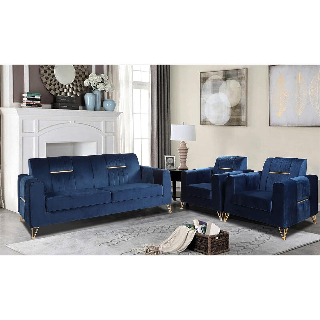 Premium Benington 3-1-1 5 Seater Sofa Set (Velvet Fabric Colour Blue)