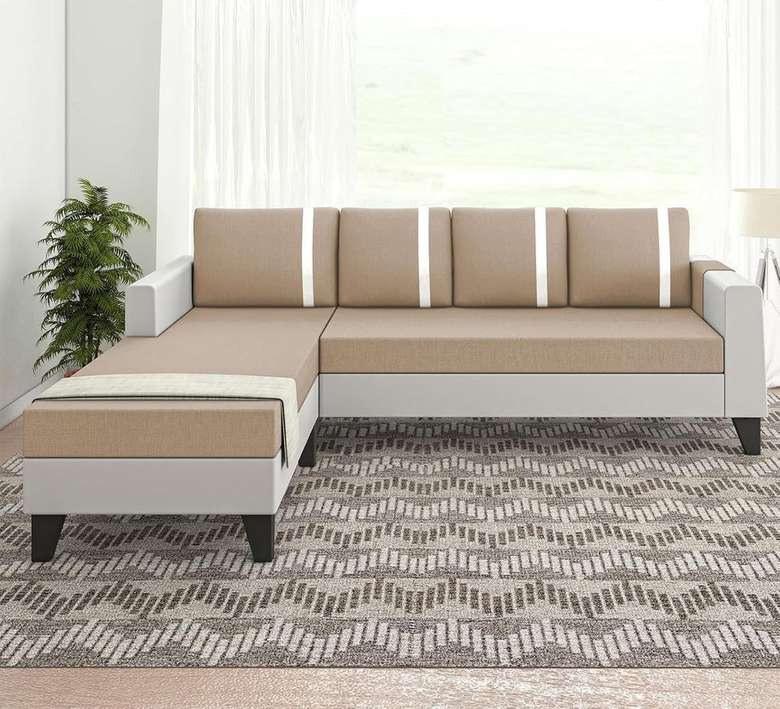 Ashley Stripes Leatherette Fabric L Shape 5 Seater Sofa Set LHS (Beige & White)