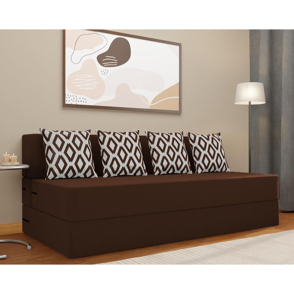 4 Seater Sofa Cum Bed Easy (Rhombus Pattern) Chennile Fabric - - Including 4 Cushion - Size 6x6 (Brown Color)