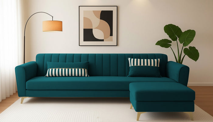 Adorn India Premium Luster 4 Seater L Shape Sofa Set | Velvet Suede Fabric | 3-Year Warranty | Color ocean Blue with Golden Legs & Striped Pattern Cushion