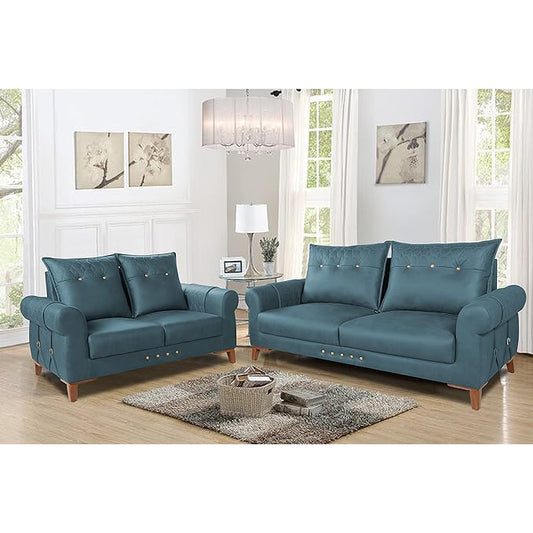 Adorn India Premium Jarvis 3+2 Five Seater Sofa Set (Leatherette Suede Fabric Colour Blue)