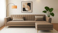 Adorn India Premium Luster 4 Seater L Shape Sofa Set | Velvet Suede Fabric | 3-Year Warranty | Color camel with Golden Legs & Striped Pattern Cushion