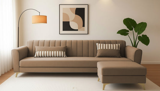Adorn India Premium Luster 4 Seater L Shape Sofa Set | Velvet Suede Fabric | 3-Year Warranty | Color camel with Golden Legs & Striped Pattern Cushion