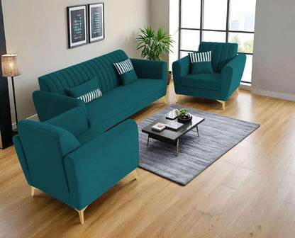 Adorn India Premium Luster 3-1-1 Sofa Set | Velvet Suede Fabric | 3-Year Warranty | Color Ocean Blue with Golden Legs & Striped Pattern Cushion