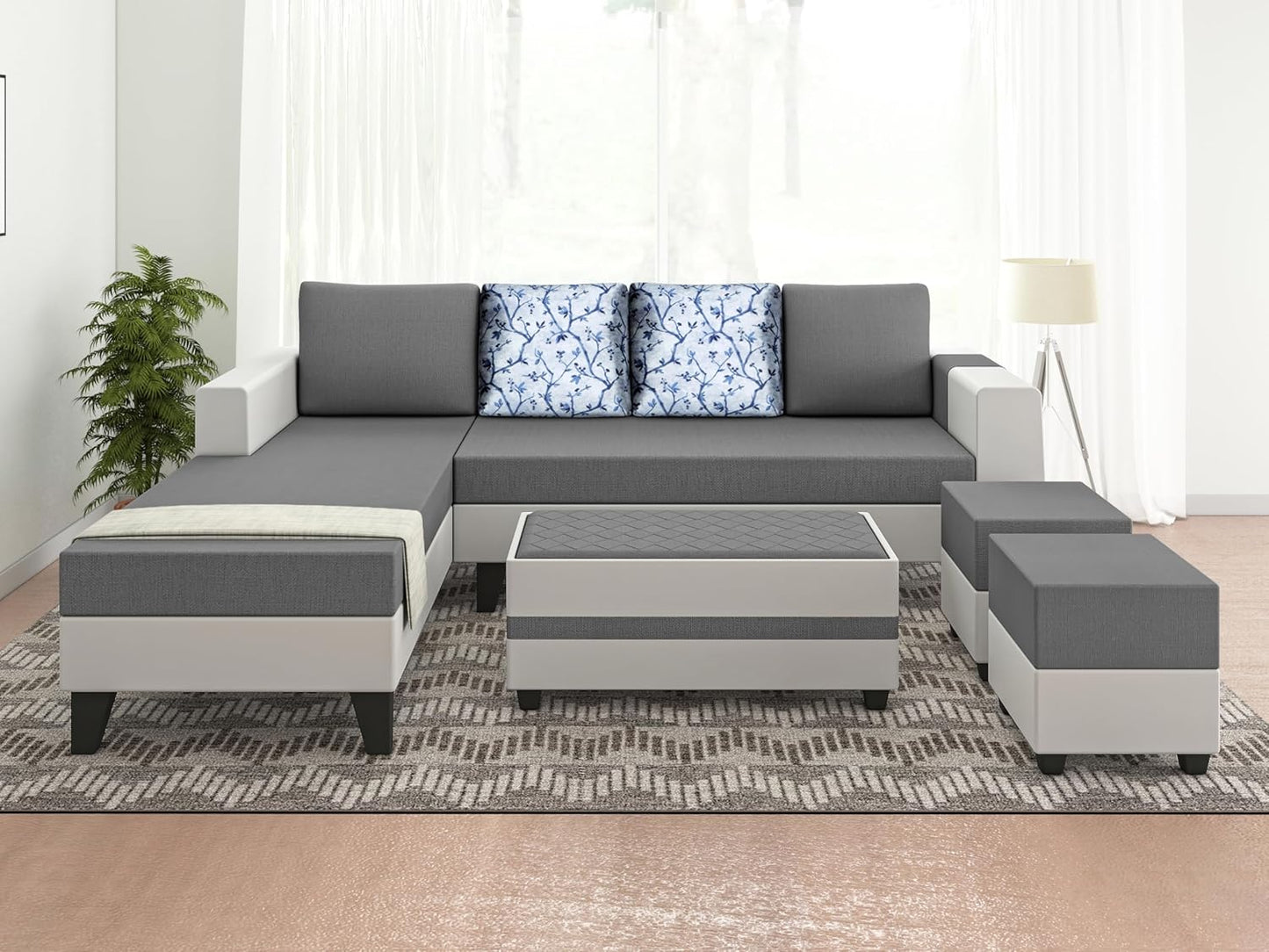 Adorn India Ashley Digitel Print Leatherette Fabric L Shape 8 Seater Sofa Set with 2 Ottoman Puffy & Center Table LHS (Grey & White)