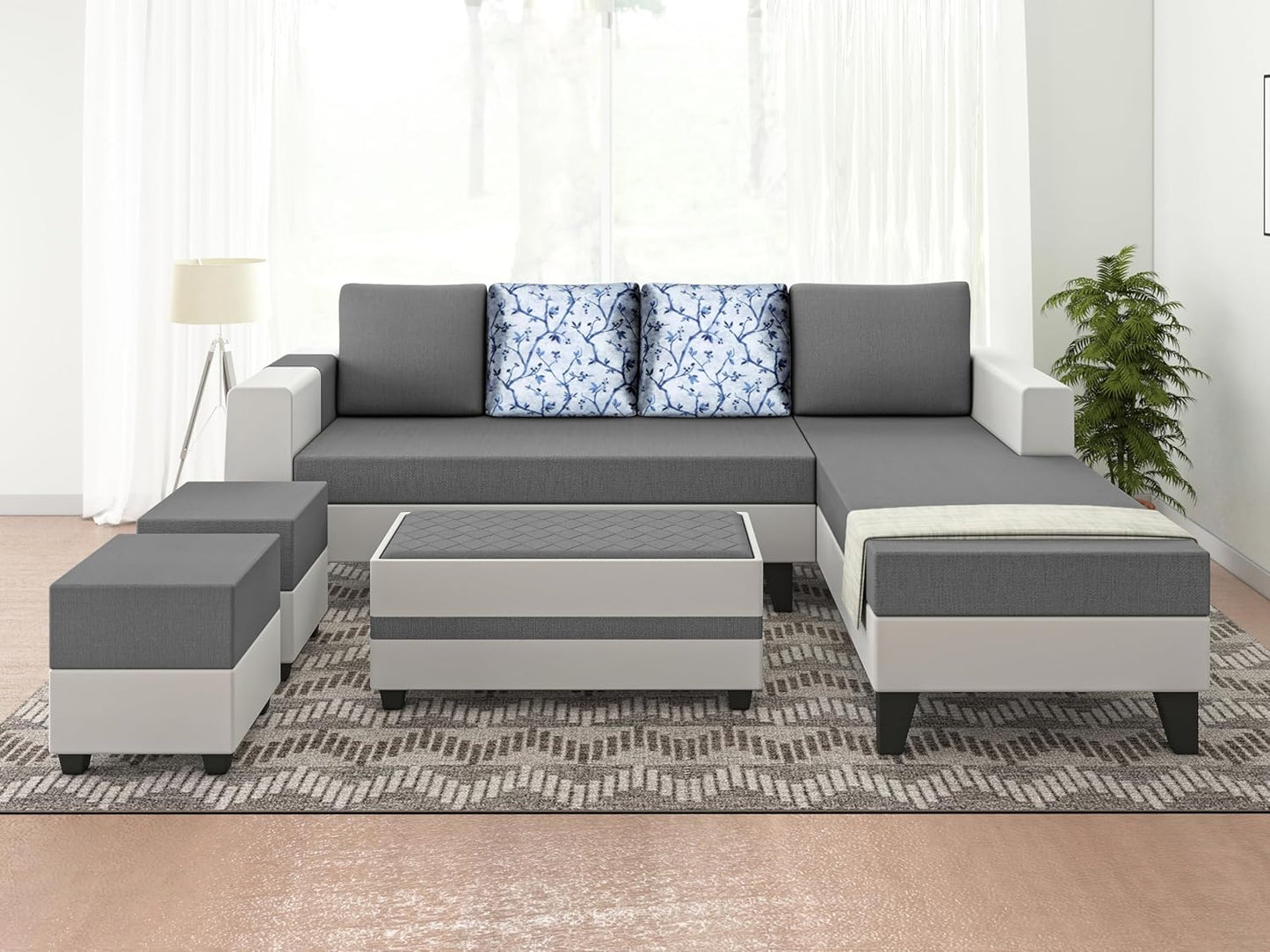 Adorn India Ashley Digitel Print Leatherette Fabric L Shape 8 Seater Sofa Set with 2 Ottoman Puffy & Center Table RHS (Grey & White)