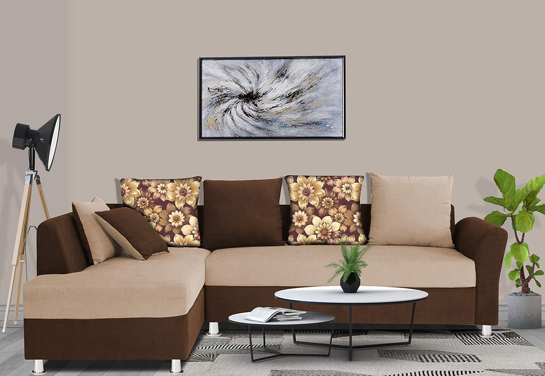 Adorn India (3 Years Warranty Boom 5 Seater Corner Sofa Floral Cushion Left Hand Side (Brown & Beige)