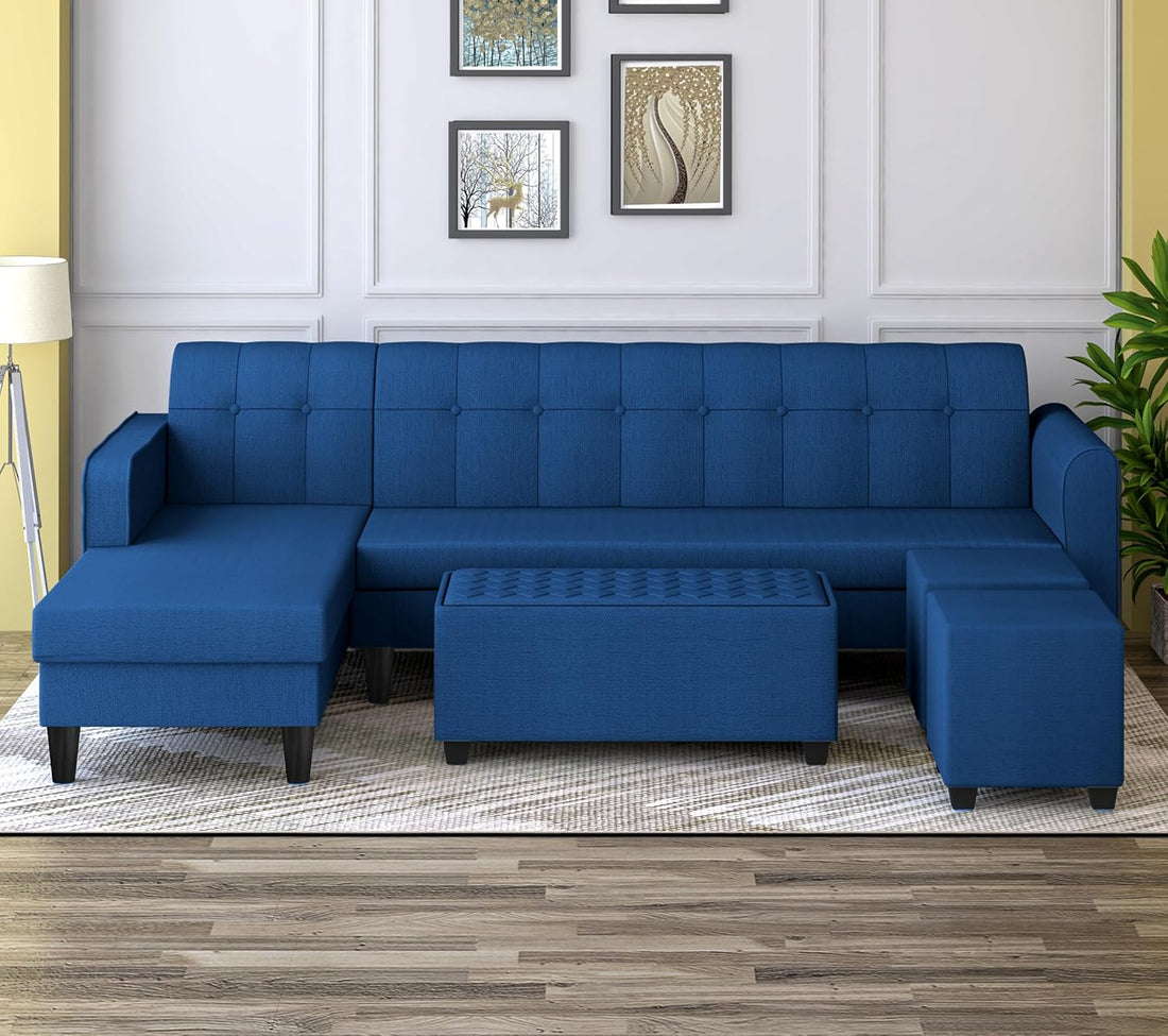 Rio Elegant L Shape 8 Seater Sofa Set with Center Table and 2 Ottoman Puffy (LHS) (Blue)