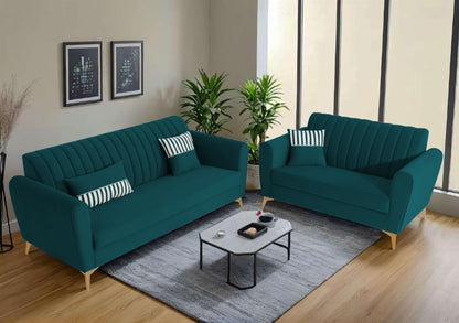 Adorn India Premium Luster 3-2 Sofa Set | Velvet Suede Fabric | 3-Year Warranty | Color Ocean Blue with Golden Legs & Striped Pattern Cushion
