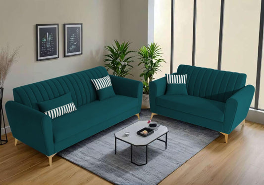 Adorn India Premium Luster 3-2 Sofa Set | Velvet Suede Fabric | 3-Year Warranty | Color Ocean Blue with Golden Legs & Striped Pattern Cushion