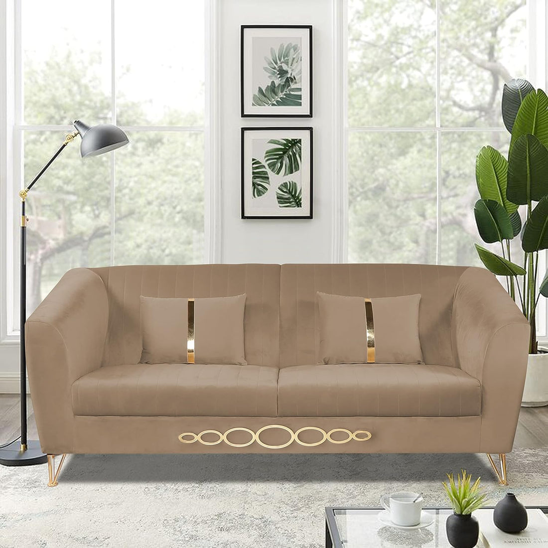 Adorn India Premium Camilla 3 Seater Sofa (Velvet Fabric Colour Camel)