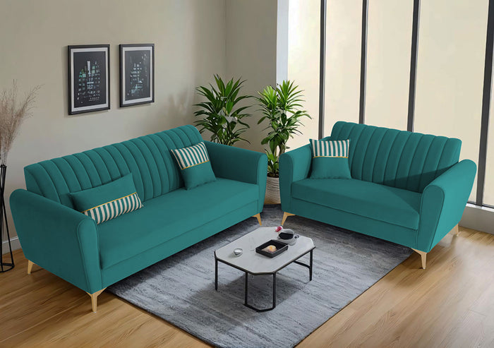 Adorn India Premium Luster 3-2 Sofa Set | Velvet Suede Fabric | 3-Year Warranty | Color Aqua Blue with Golden Legs & Striped Pattern Cushion