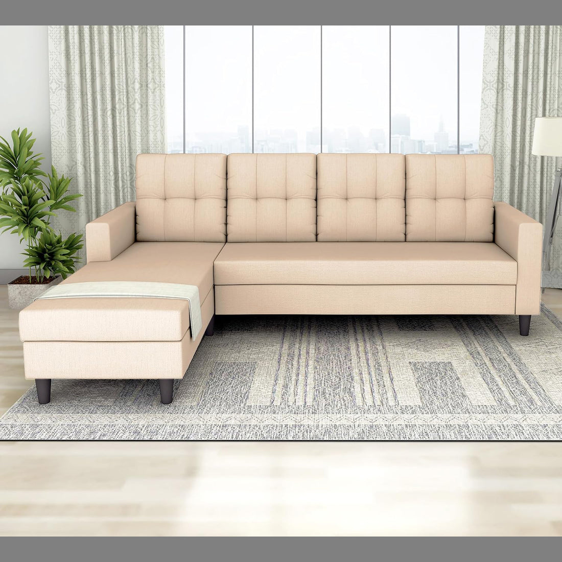 Adorn India Darcy L Shape 5 Seater Sofa Set (Lhs) (Beige) (3 Year Warranty)
