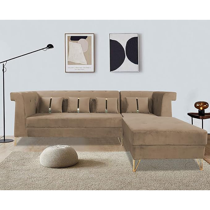 Premium Raygan L Shape 6 Seater Sofa Set Right Side (Velvet Fabric Colour Camel)